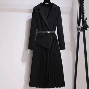 Dress Jackets Blazer Pleated Skirt Black SZ M/L Peak Label Belt Padded Shoulder